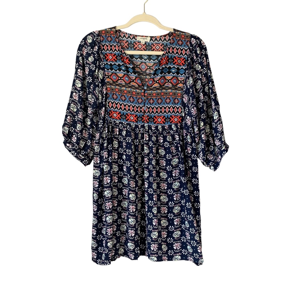 Umgee Bohemian Dress Floral Print‎ Aztec Details Navy Blue Size M